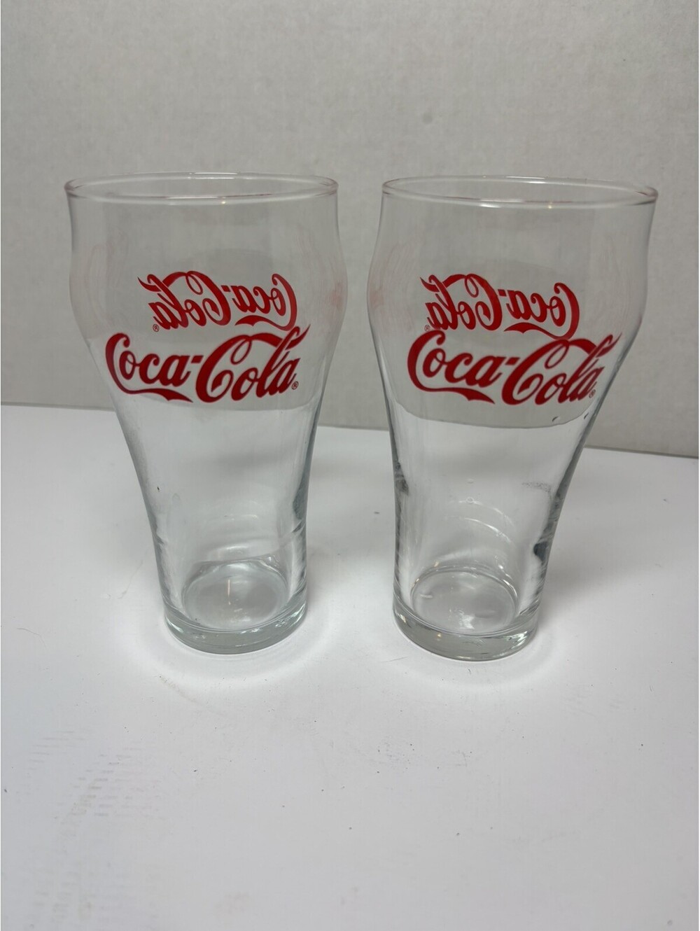 2 Vintage Red Print Coca Cola Glasses Coke Soda Fountain Collectible Glass